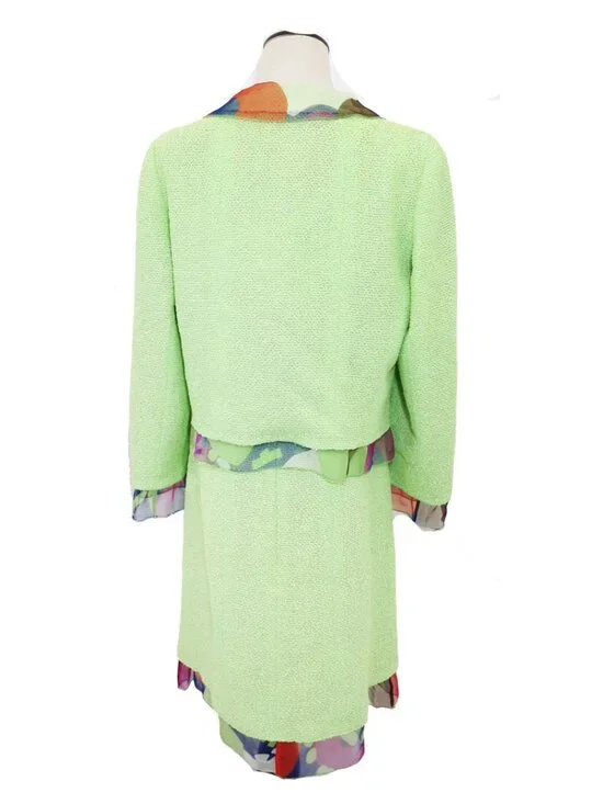 CHANEL Vintage 2000 Spring Lime Green Print Chiffon Trim Skirt Jacket Set 38 40 - Picture 8 of 16